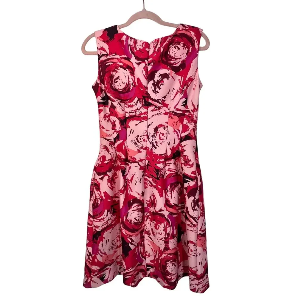 Taylor Pink Red Floral Scuba Fit &‎ Flare Sleeveless To Knee Back Zipper Dress 6